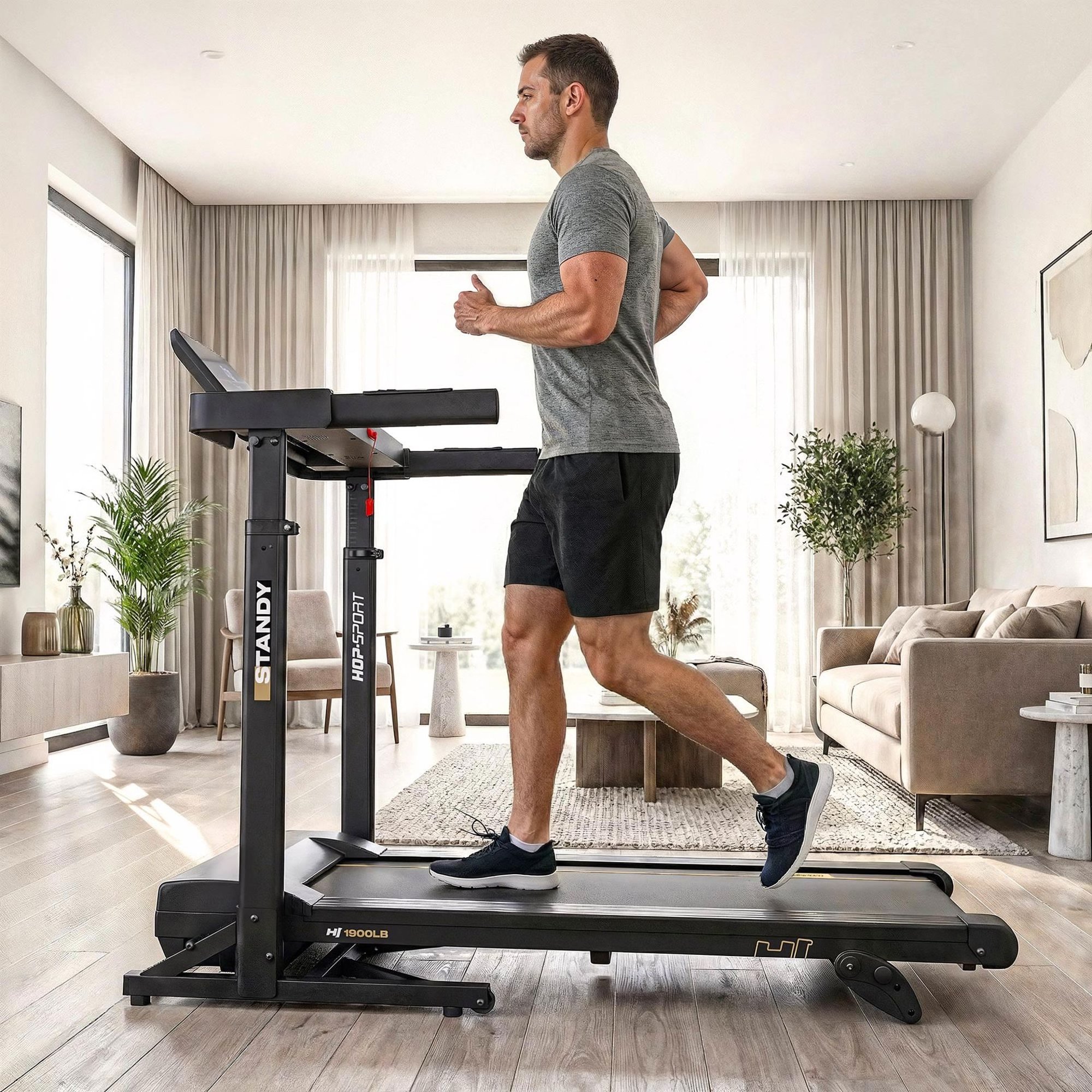 Man performing a cardio workout on an electric treadmill in a sunlit, modern living room.