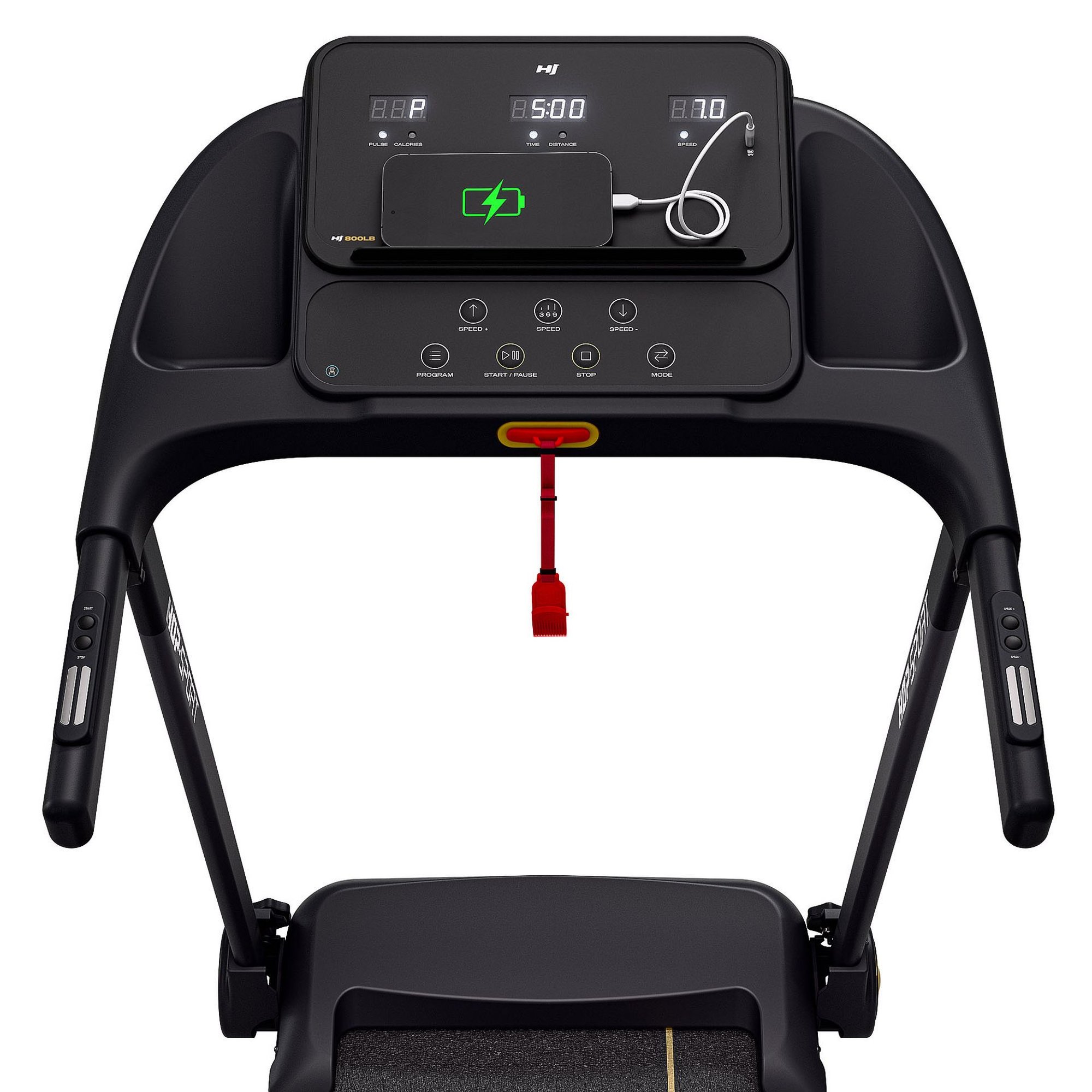 Modern treadmill dashboard with a charging smartphone in the tablet holder. The image highlights the digital tracking screens, intuitive control interface, and safety key tether.