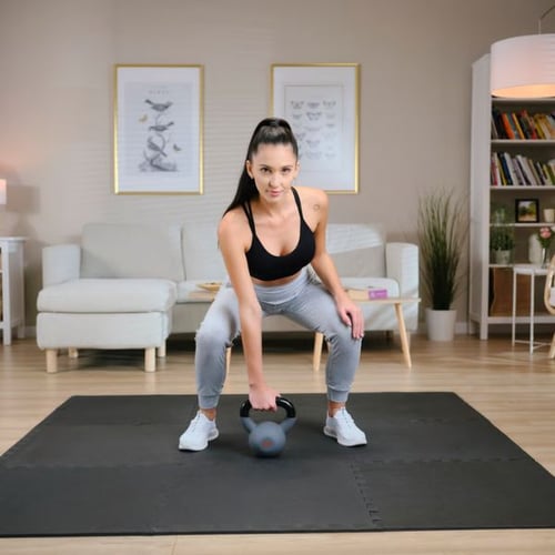 Woman doing single-arm kettlebell deadlift on mat in living room setup