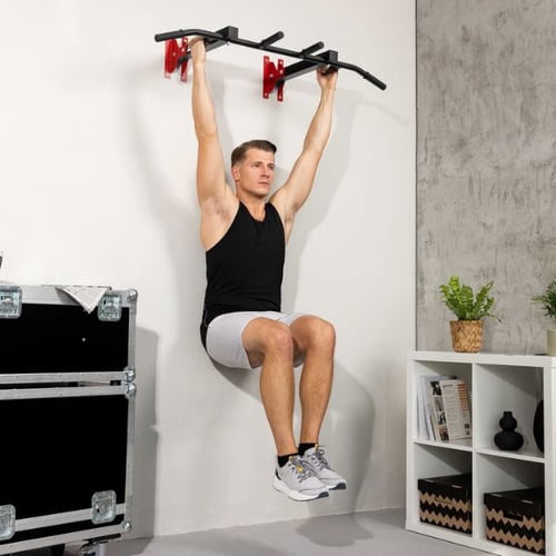 Man performing hanging leg raise on Hop-Sport wall mounted pull up bar