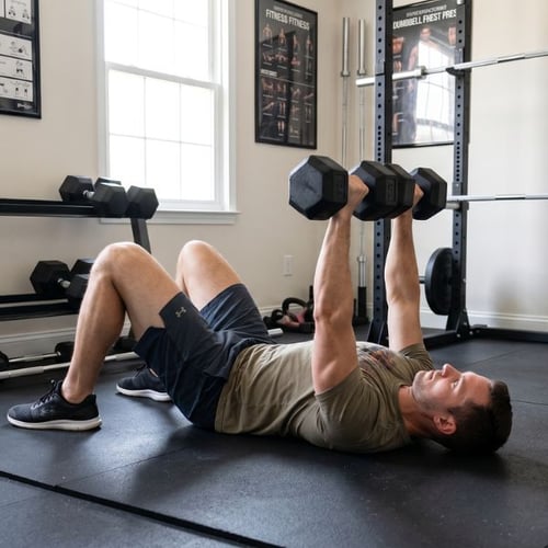 Man performing dumbbell floor press on mat with weights in home gym