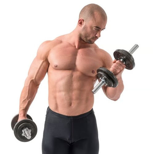 Muscular man doing standing bicep curls with Hop-Sport adjustable dumbbells