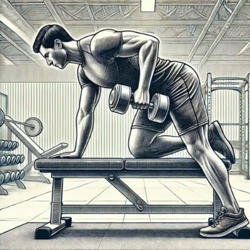 Illustration of man performing single-arm dumbbell row using weight bench for support
