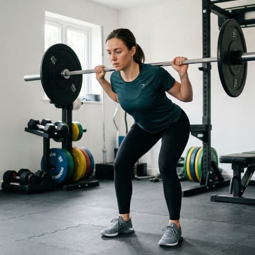 Woman performing barbell squat to strengthen lower back and legs in gym