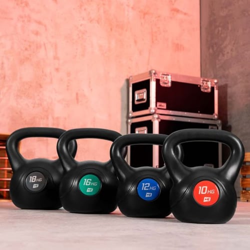 Set of Hop-Sport kettlebells in 10, 12, 16, and 18 kg weights arranged on the floor