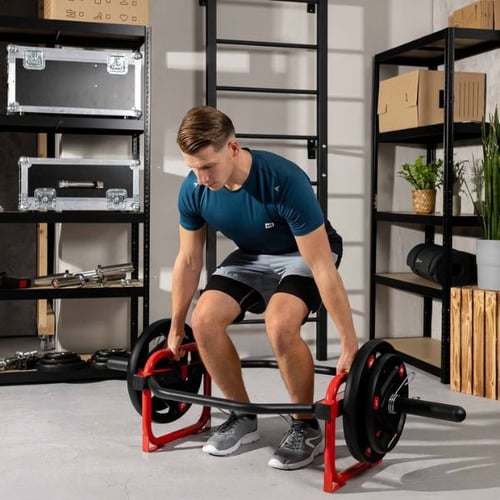 Man performing a hex bar deadlift using a Hop-Sport barbell with weight plates in a home gym