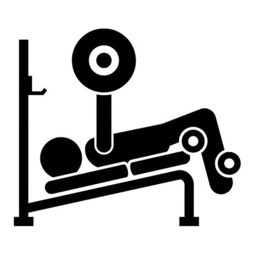 Black icon showing a person doing a decline bench press with a barbell on a slanted bench
