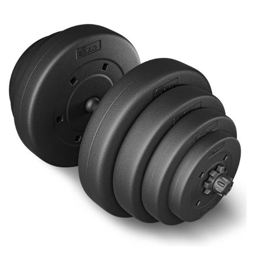 a close-up of a Hop-Sport adjustable dumbbell set with multiple plates
