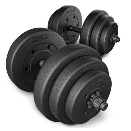 Hop-Sport adjustable dumbbell set with black weight plates and spinlock collars