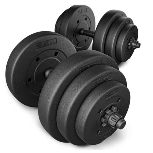 Pair of adjustable Hop-Sport dumbbells with black weight plates and secure spinlock collars