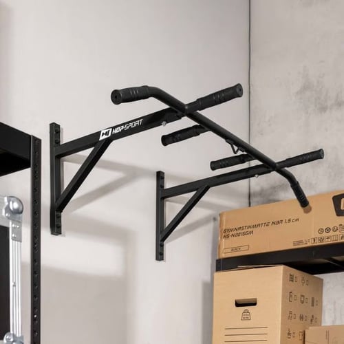 Black Hop-Sport pull up bar with multiple grips mounted high on wall for full extension during exercises