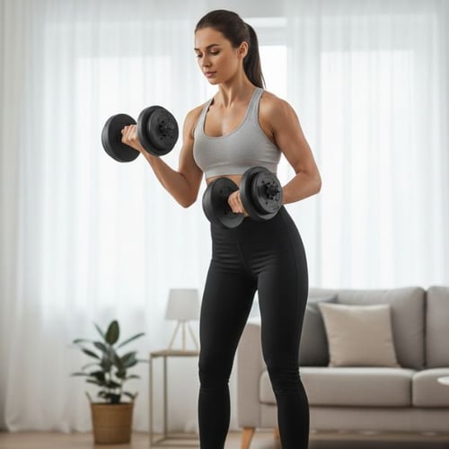 Woman exercising with Hop-Sport adjustable dumbbells in a bright living room