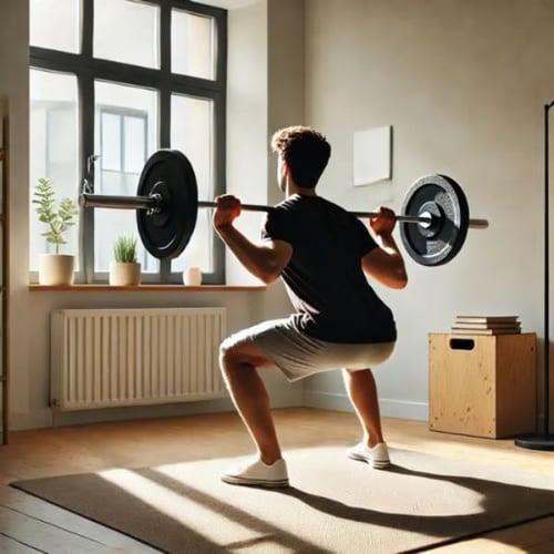 Man doing barbell squat at home