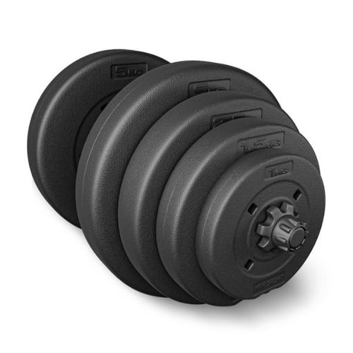 Close-up of Hop-Sport adjustable dumbbell with stacked black weight plates and collar lock