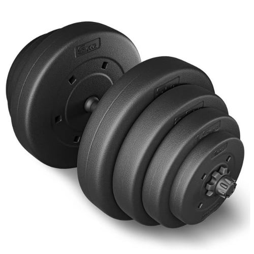 Black adjustable dumbbell with plastic weight plates and secure spin-lock collars by Hop-Sport