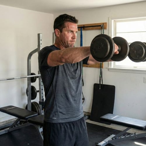 Man performing dumbbell front raises to develop boulder shoulders in home gym