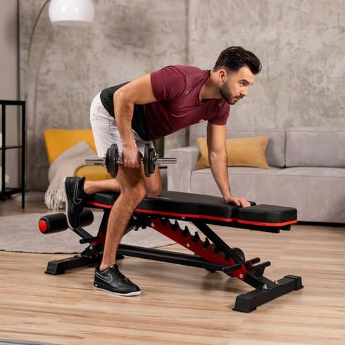 Man performing one-arm dumbbell row using Hop-Sport adjustable weight bench for back strength training