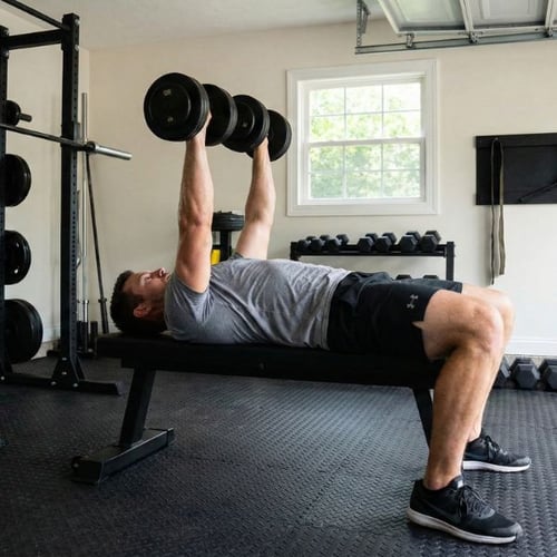 Man performing flat dumbbell bench press on workout bench to build chest with dumbbells
