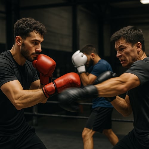 Sparring session showing boxing defense and punching form