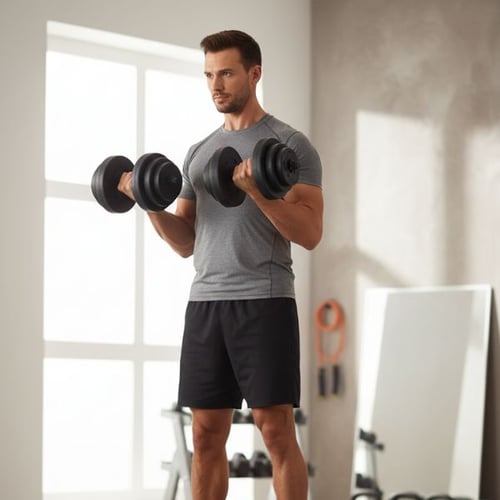 Man performing bicep curls with Hop-Sport adjustable dumbbells in a home gym