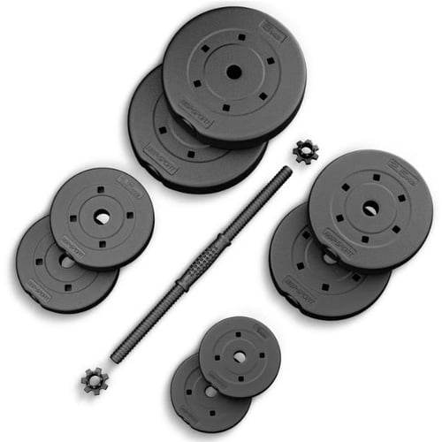 Hop-Sport weight plates, connecting bar and spinlock collars for dumbbell or barbell setup