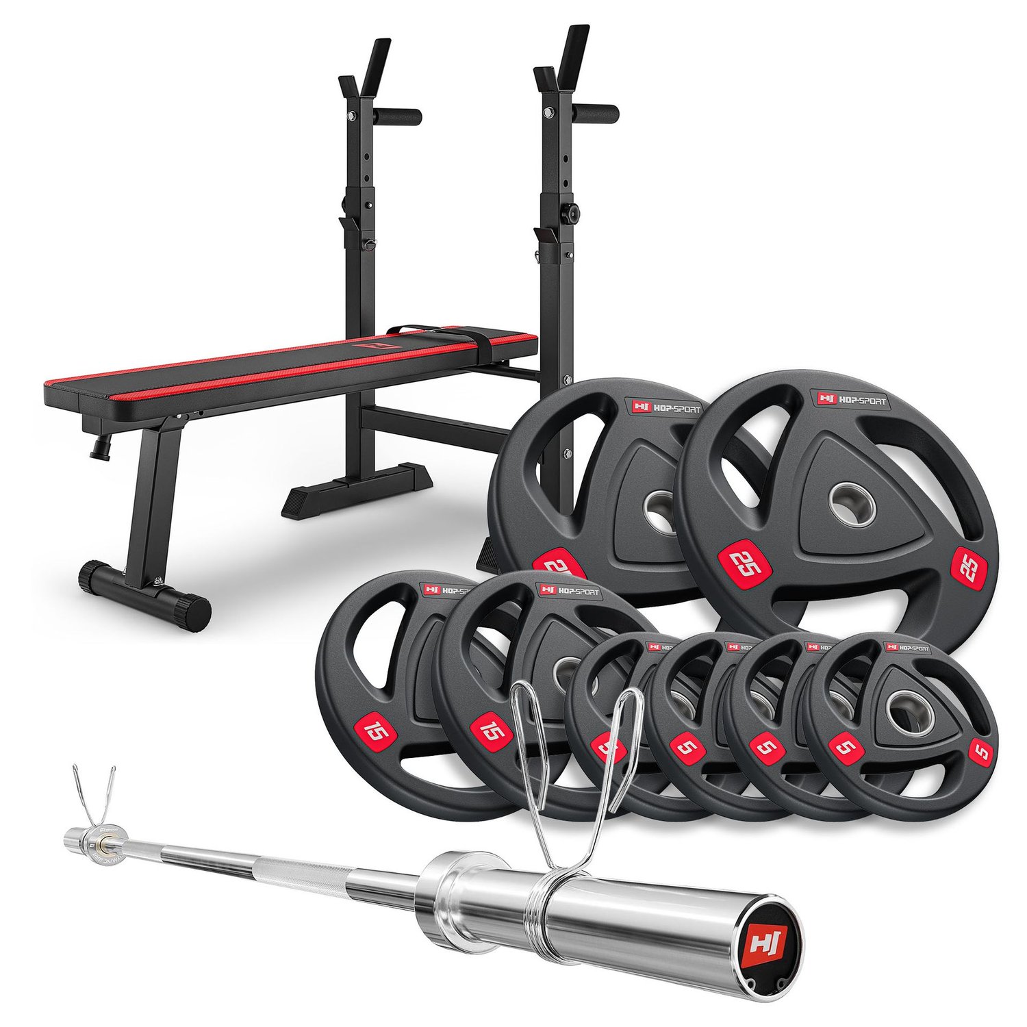 Olympic Weight Plates Set 100 kg with 1080 Bench and Straight Barbell