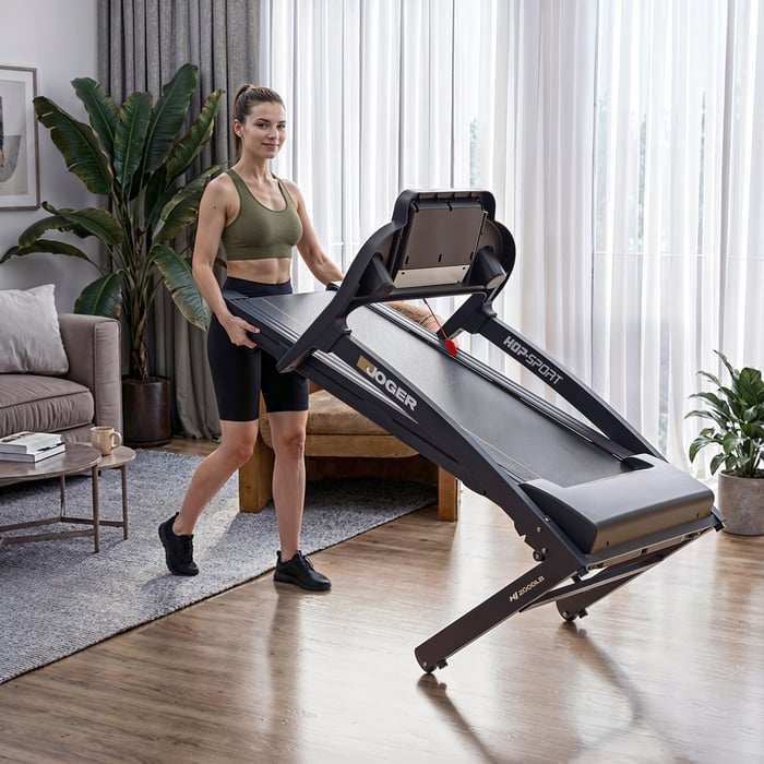 A person folding a compact home treadmill. The image highlights how the running surface hinges upward toward the console for convenient storage in small apartments.
