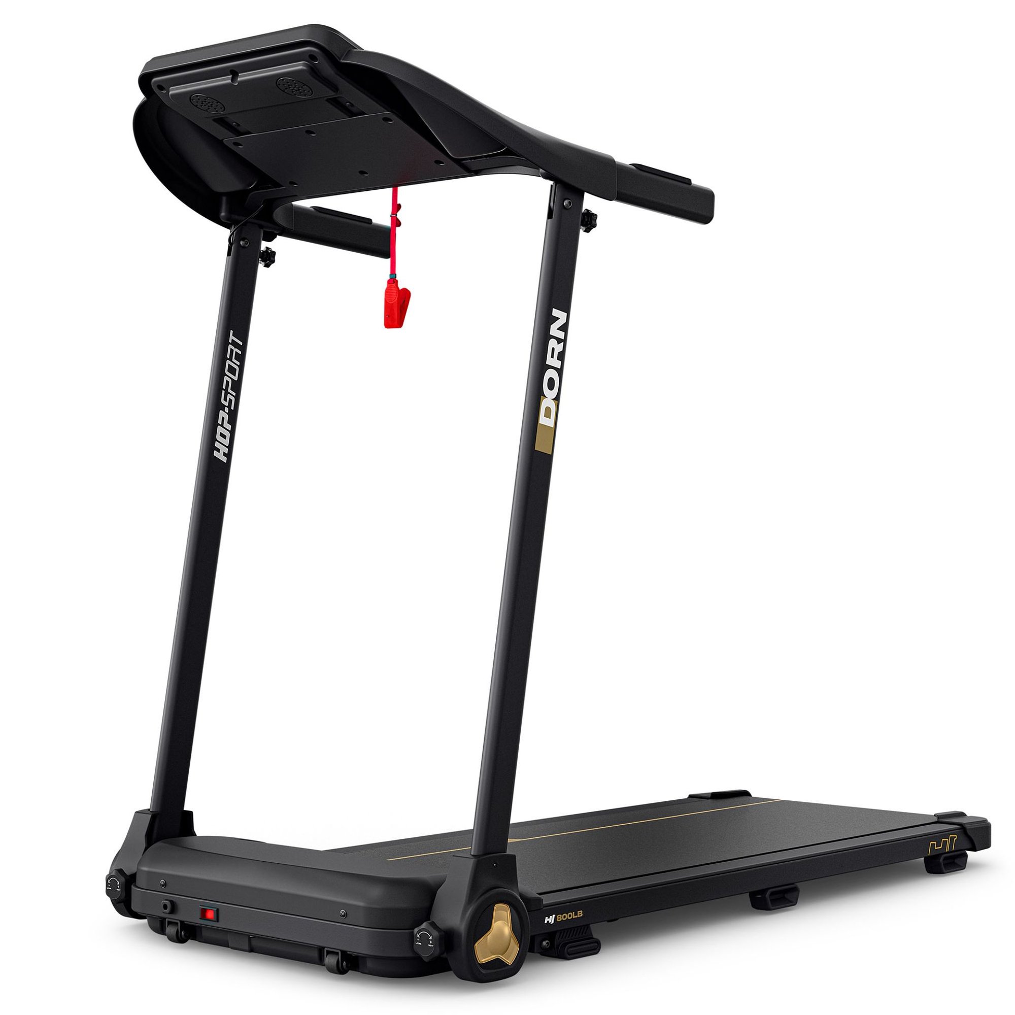 Vertically folded black electric treadmill for home use, highlighting its compact, space-saving storage feature in a bright apartment.