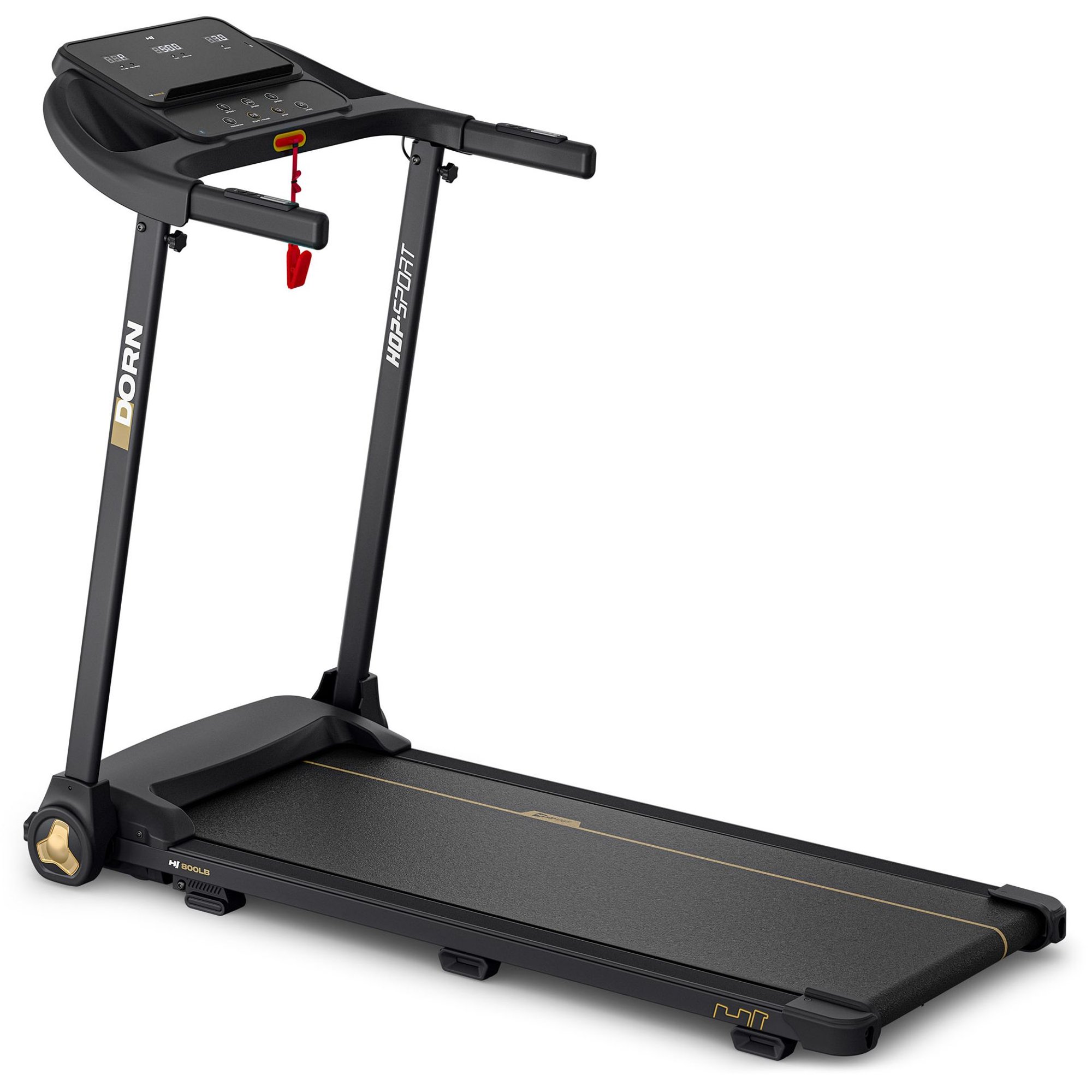 A sleek, black electric treadmill shown against a white background. The device features a modern console with an integrated display, side handlebars with control buttons, a wide running belt with a gold accent stripe, and a red safety key.