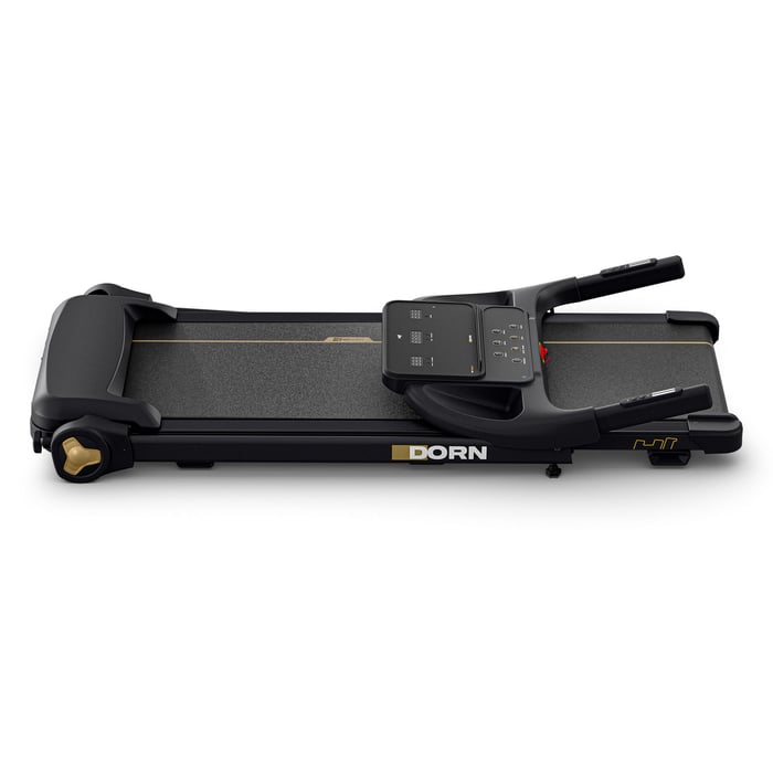 A black electric treadmill completely folded flat for easy under-bed or behind-door storage. The handlebars and console are lowered parallel to the running deck, showcasing its ultra-slim profile.