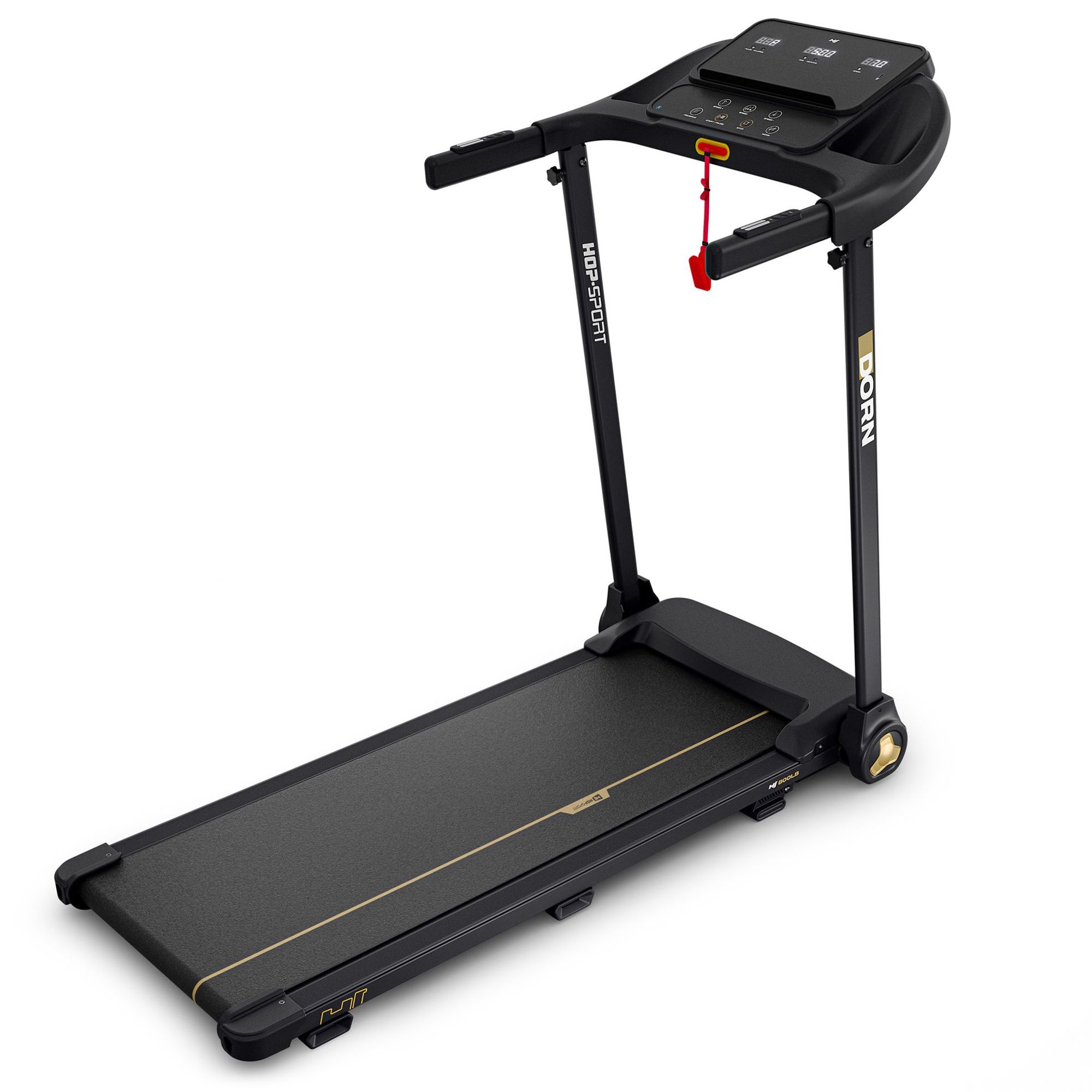 A black, space-saving foldable treadmill stored in a vertical upright position against a wall in a modern living room. This demonstrates the compact design ideal for home exercise environments where floor space is limited.