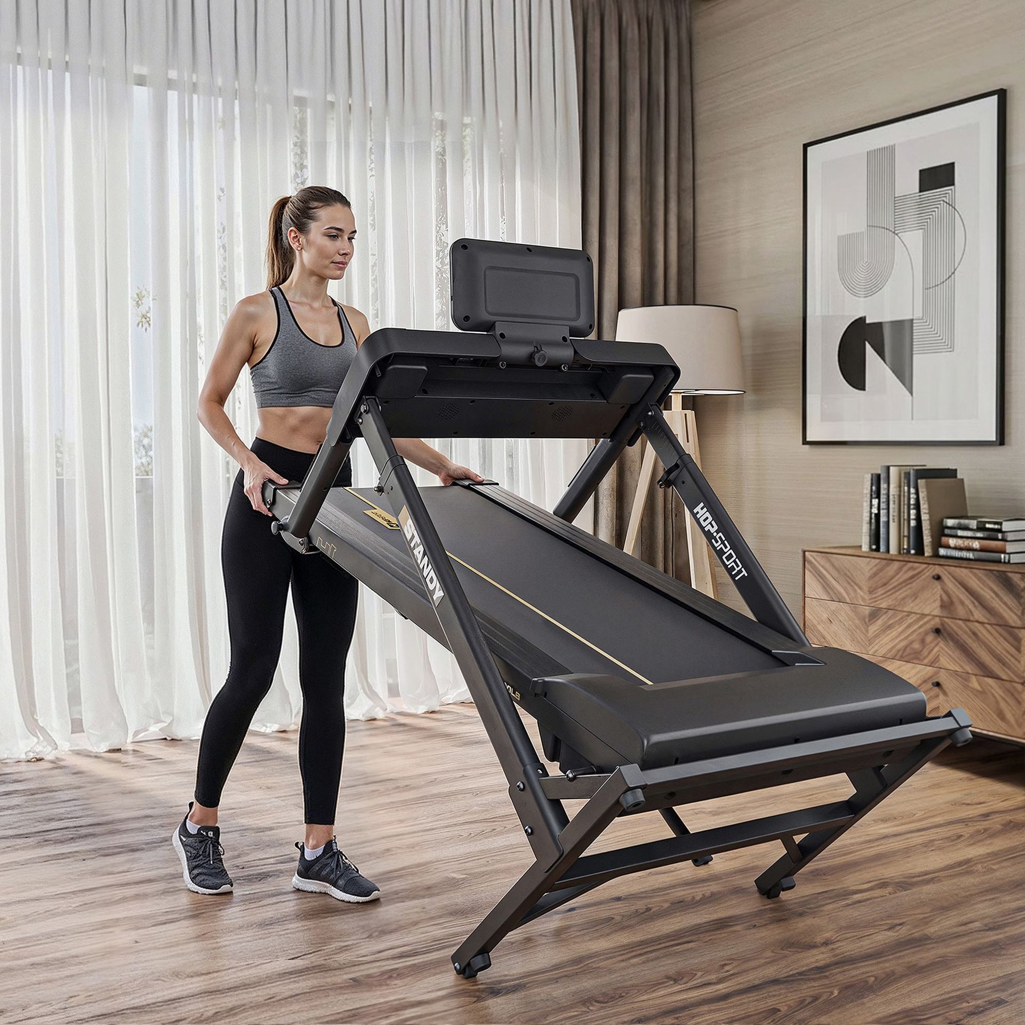 Woman folding a compact electric treadmill after a workout.