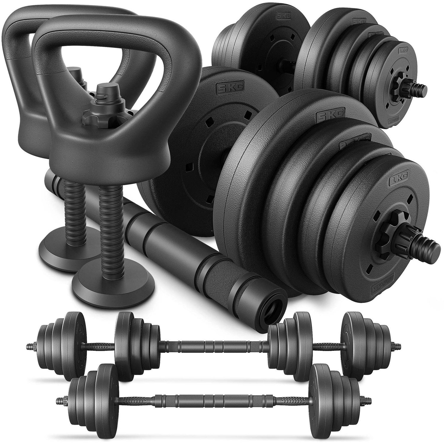 4-in-1 Composite Dumbbell Set 2 x 20 kg with Barbell Connector & Kettlebell